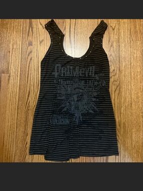 PRIMEVIL Black Striped Graphic Tank Top with Stud Detail and Patchwork On Back